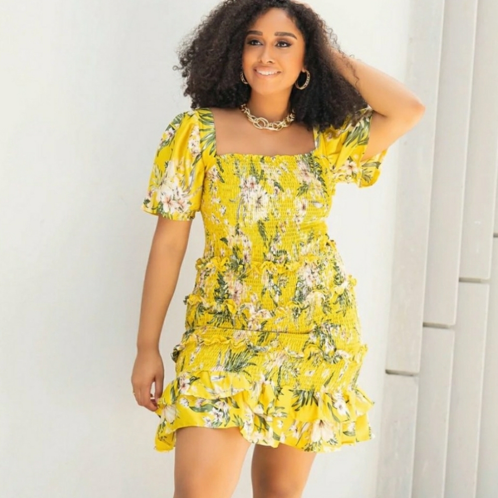 REBDOLLS "OUT IN THE JUNGLE" SQUARED NECKLINE MINI DRESS - 2X - MUSTARD YELLOW